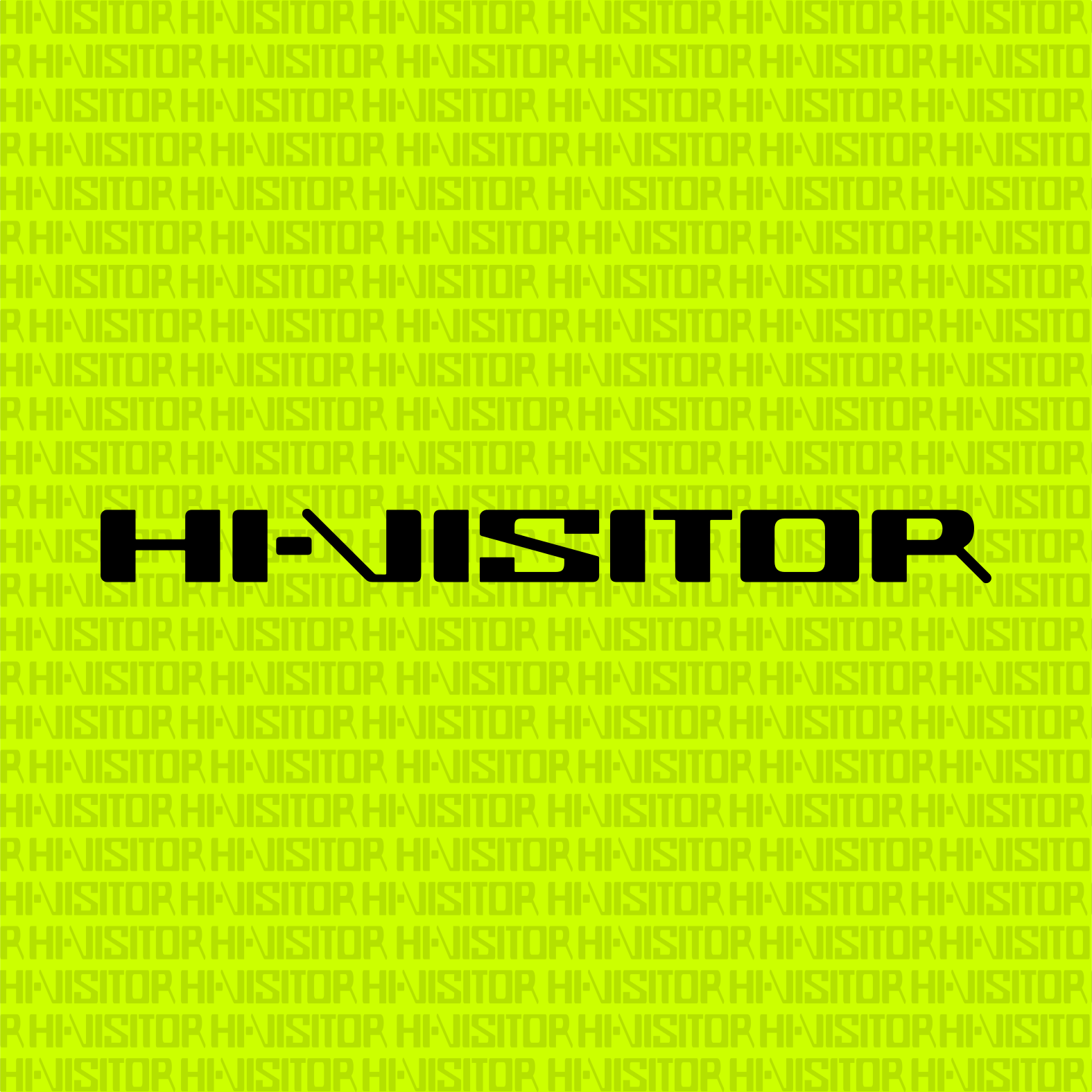 HI-VISITOR logo text in black against neon yellow background with repeating pattern